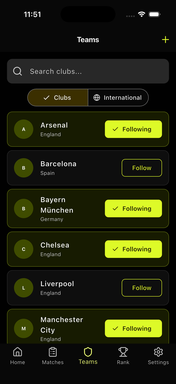 Follow teams screen in DB Football Quiz Trivia