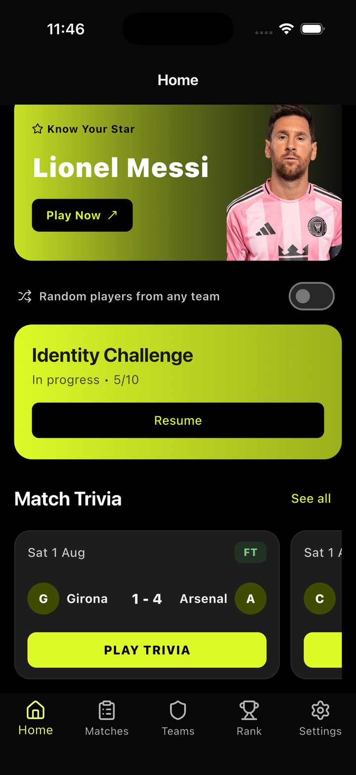 DB Football Quiz Trivia home screen with Know Your Star and Match Trivia