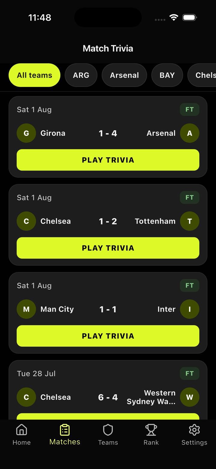 Match Trivia list of football fixtures